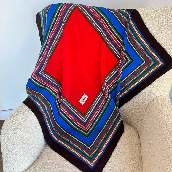 Vintage Yves Saint Laurent Silk Scarf Red Multicolor Square YSL - Picture 3 of 3